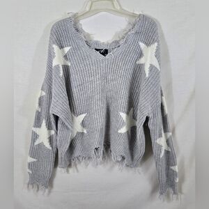 NWT Just Polly Women's Jr's Gray Distressed Oversized Star Sweater Size Large